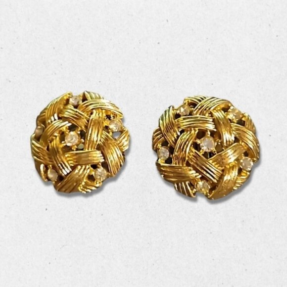 Vintage Crown Trifari Basket Weave Earrings Rhinestone Accents Clip-On Gold OS - Picture 1 of 3
